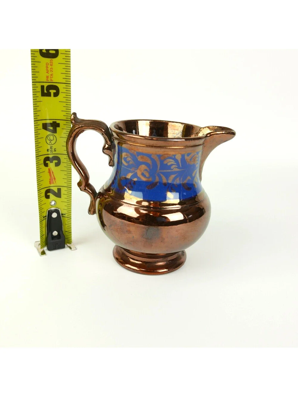 Antique Victorian Copper Lustre Lusterware Creamer Pitcher Jug Blue Floral Paint